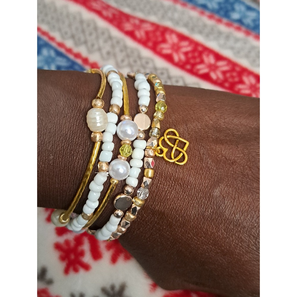 Pearl, White and Gold Bead  Stretch Bracelet Stack With Infinity Love Charm, 5pc